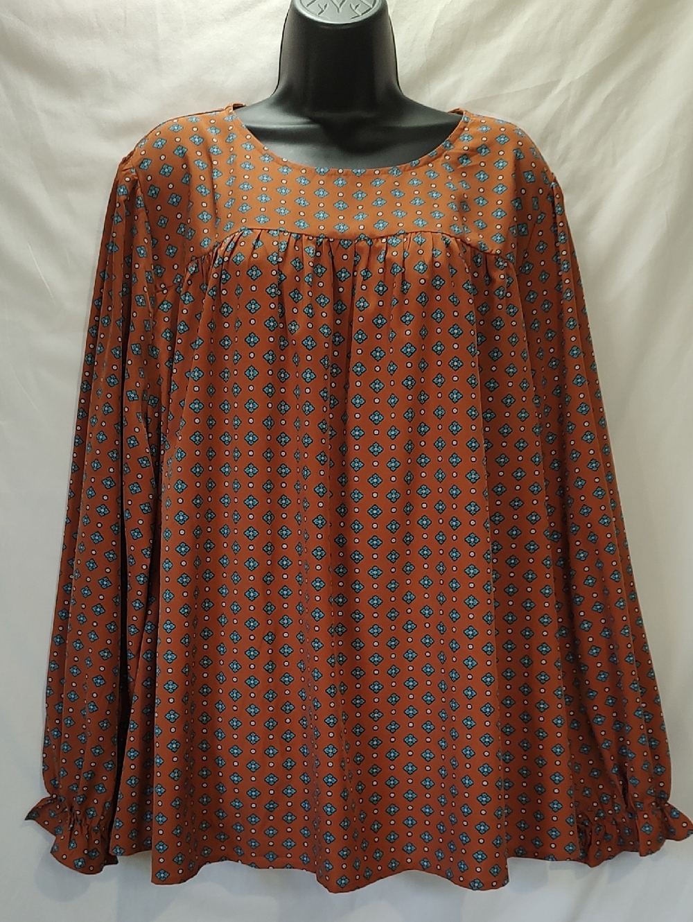 SHEIN Rust Orange Long Sleeve Printed Peasant Blouse